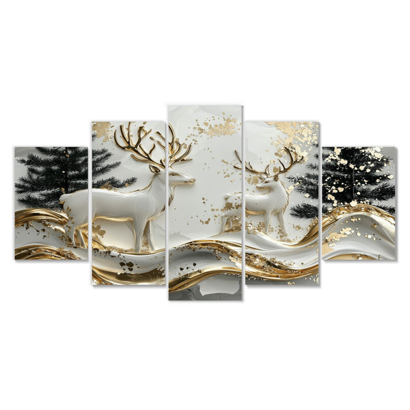 Blanc et or pin, cerf, montagne brumeuse I - ensemble d'art mural animal cerf