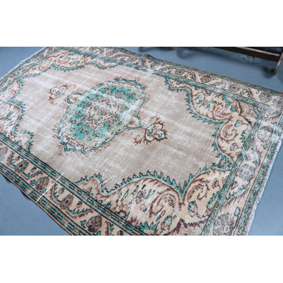 Vintage Turkish Area Rug With Beige And Green Medallion Design For Bohemian Home Decor In Unique Oriental Style