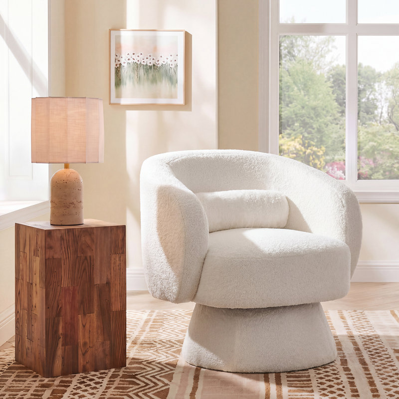 Upholstered 360° Swivel Boucle Accent Chair With  Lumbar Support, White Teddy