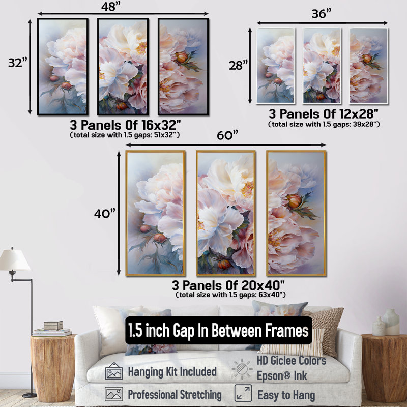 Rose et blanc, pivoines, florescence, ensemble de reproductions d'art mural pivoines, Cadre naturel flottant
