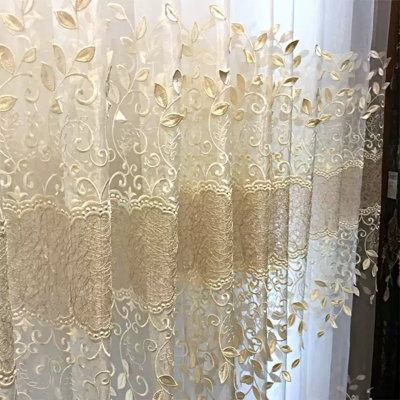 Luxury Tulle Curtains for Living Room Beige Sheer Curtain 3D Leaves Embroidery Yarn Bedroom Gauze Drapes for Window Decoration 2 Panels Grommet top (W54in*L96in 2 Panels)