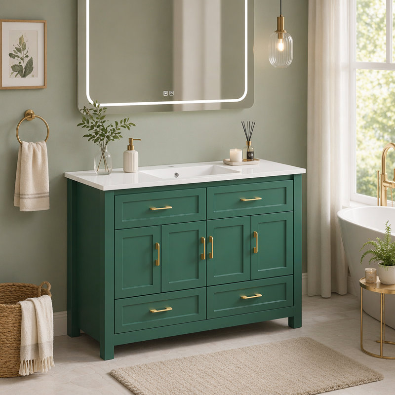 Ensemble de meuble-lavabo vert 48 po avec lavabo en résine, armoire de rangement abondante - 4 portes à fermeture douce et 4 tiroirs