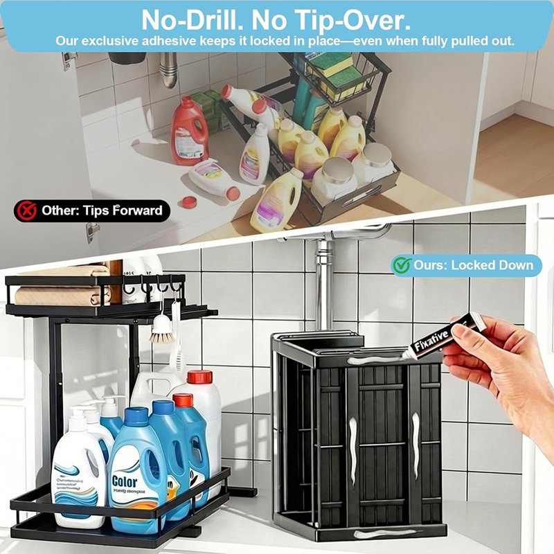2-Pack Under Sink Pull-Out Organizers, Heavy-Duty L-Shaped Metal Shelves With Ball-Bearing Slides, Height-Adjustable For Kitchen & Bathroom