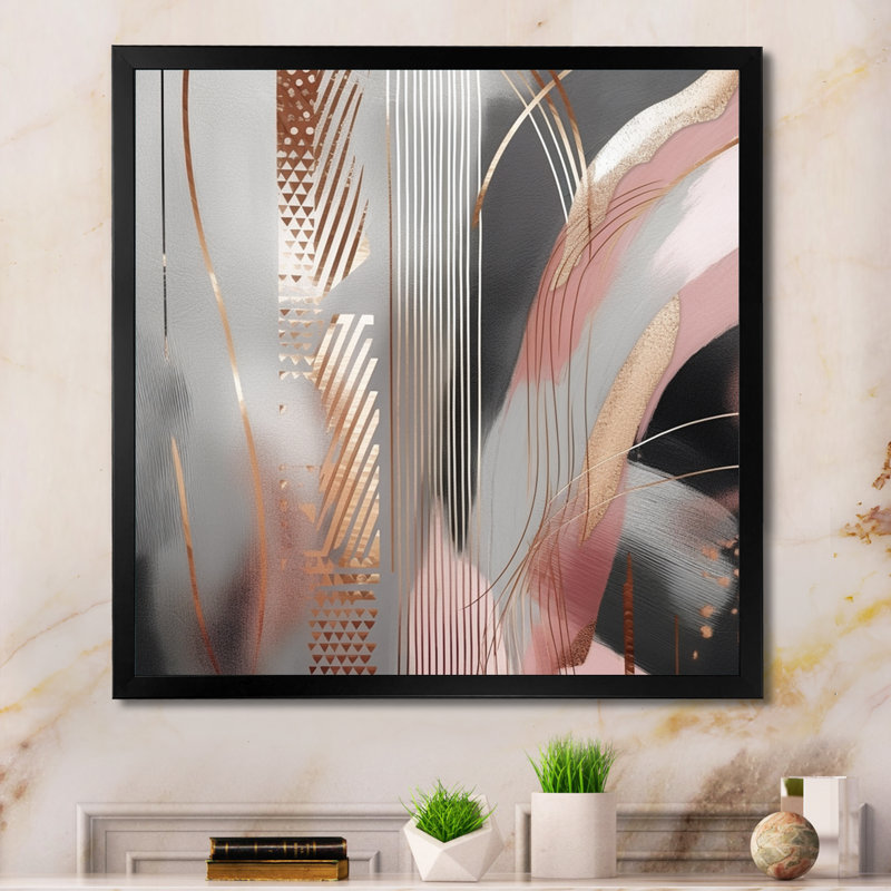 «Pink Rosegold Circle Complexity I - Abstract Modern Shapes», art mural transitionnel, Cadre photo noir, L 16 po x H 16 po