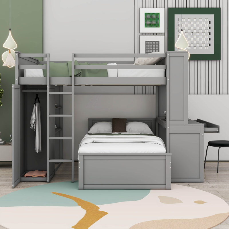 Lit mezzanine double au-dessus de simple Jemma Kids avec lit simple autoportant, tablettes, bureau, gris