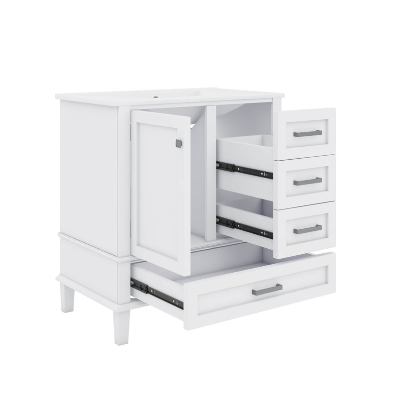 Ensemble de meuble-lavabo moderne 30 po avec 3 tiroirs à fermeture silencieuse et plateau amovible, Nickel brossé, Blanc