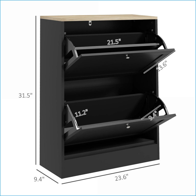 Shoe Cabinet for Entryway, Modern Slim Hidden Storage with 2 Flip Drawers &amp; Adjustable Shelves, Holds 12 Pairs, Black | Particle Board | Modern