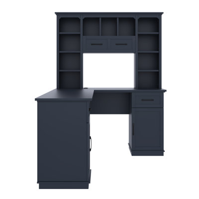 Bureau d'ordinateur en L avec 2 armoires et 2 tiroirs, 11 tablettes ouvertes, avec prise de courant, pour bureau, salon et bureau, bleu antique