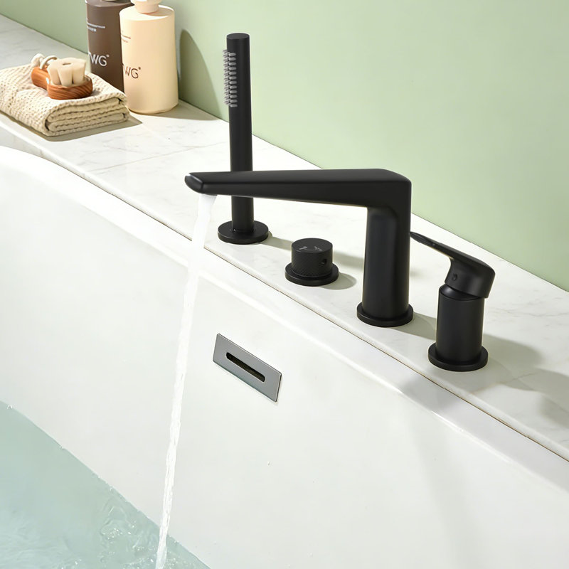 4 Hole Deck Mount Tub Faucet With Hand Shower Single Handle Bathtub Faucet Brass Tub Fillers With Valve, Matte Black