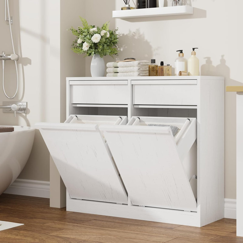 Laundry Hamper Cabinet, with Single Tilt Out Storage Baskets, 20 Gallon Farmhouse Trash Can Cabinet with 2 Drawer, Hidden Wood Laundry Hamper for Bathroom