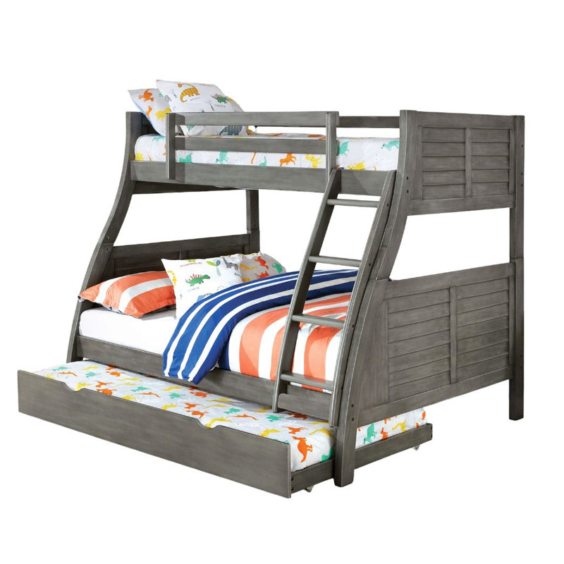 Lit simple superposé au-dessus d'un lit double avec panneau à planches grises, réversible transitionnel en bois massif, tête de lit et garde-corps, lit gigogne pour lit de chambre à coucher