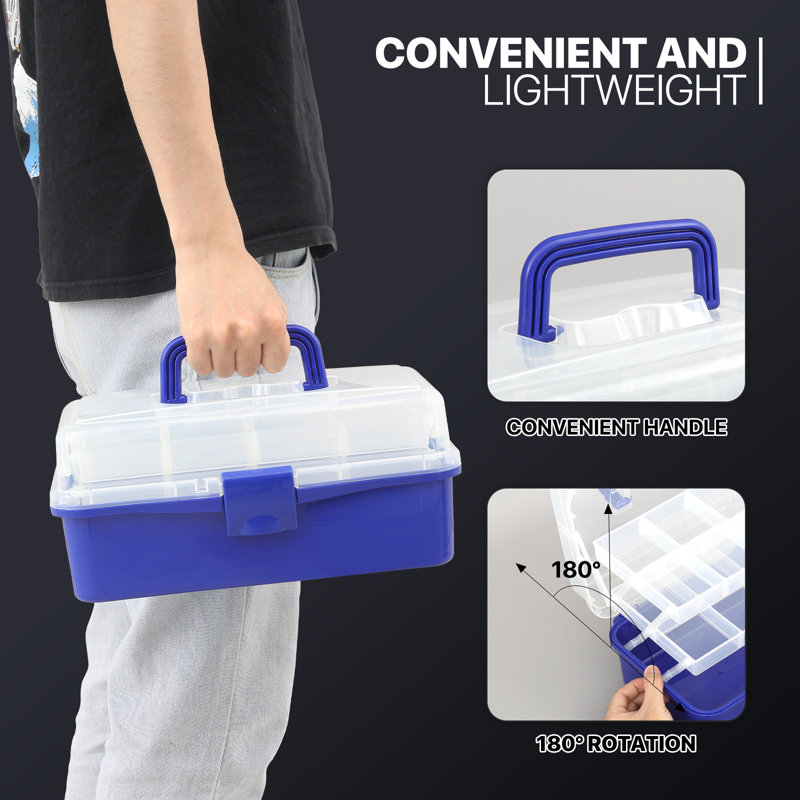 3-Layer Plastic Storage Box Craft Organizer Toolbox Utility Box For First Aid, Sewing Kit, Hardware, Blue