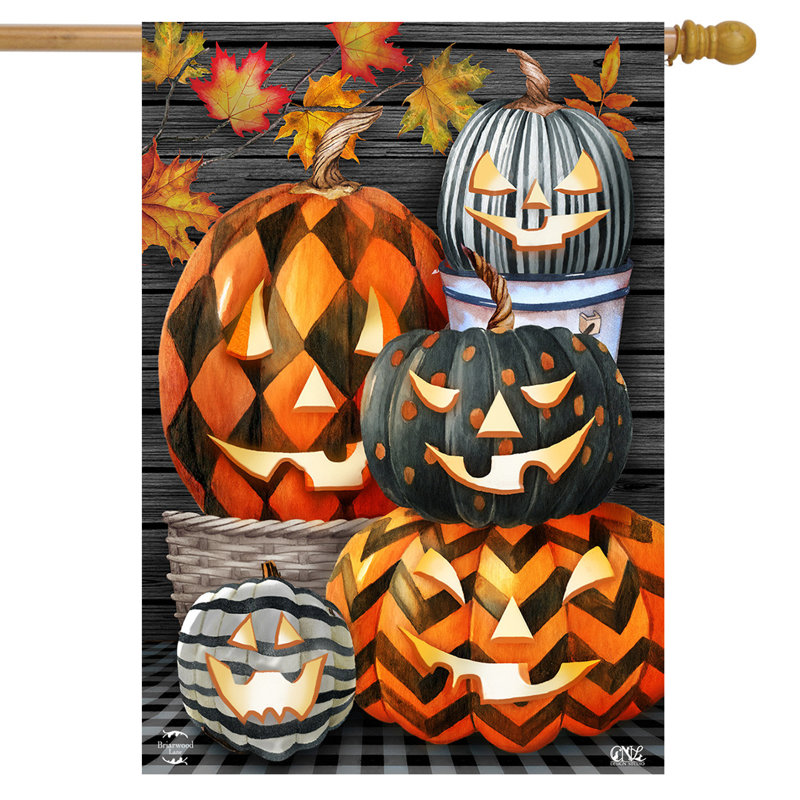 Drapeau à motifs Jack-O-Lanterns House, Orange, noir, gris