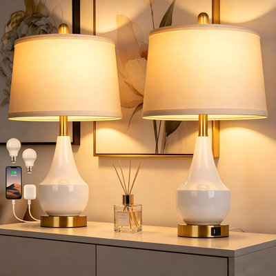 Lampes de chevet 24 po en céramique blanche avec ports USB doubles et ampoules à DEL