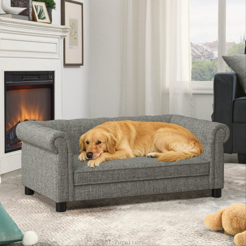 Canapé-lit pour chien doux et confortable avec dossier et accoudoirs, Gris clair
