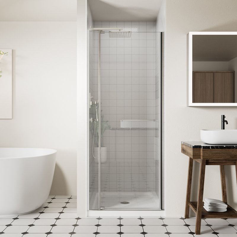 28-32" W x 72" H Frameless Pivot Shower Door with 1/4" (6mm) and 5/16" (8mm) Tempered Glass, Swing Shower Glass Door with Towel Bar, 105°Stop Prevents Collisions, Chrome Finish