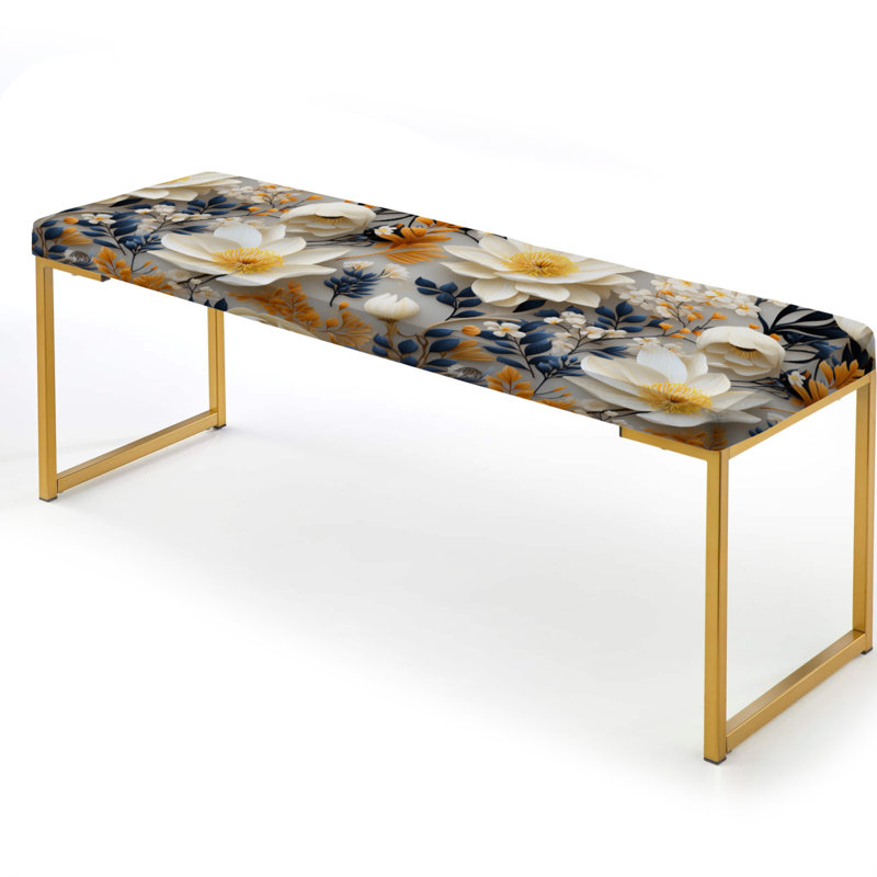 Dark Blue And White Allure Daffodil Pattern - Floral Upholstered Gold Bench