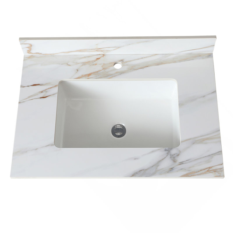 31 Inch Marble Vanity Top, Bathroom Vanity Top With Undermount Rectangular Middle Sink And 4" Height Backsplash, Pre-Drilled Faucet Hole  Vanity Top, Carrara White With Veins