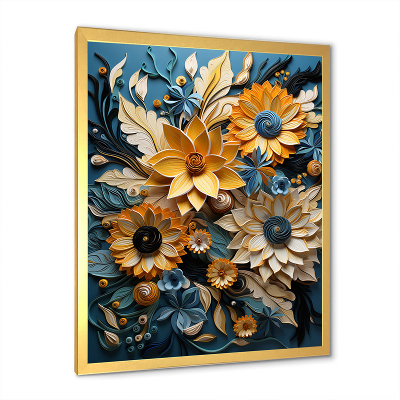 Tournesols abstraits bleus et beiges, Cadre doré simple, H 44 po x l 34 po x P 1,5 po
