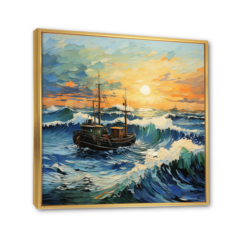 Vangogh paysage marin avec pêche en V, Cadre flottant doré, H 24 po x l 24 po x P 1 po