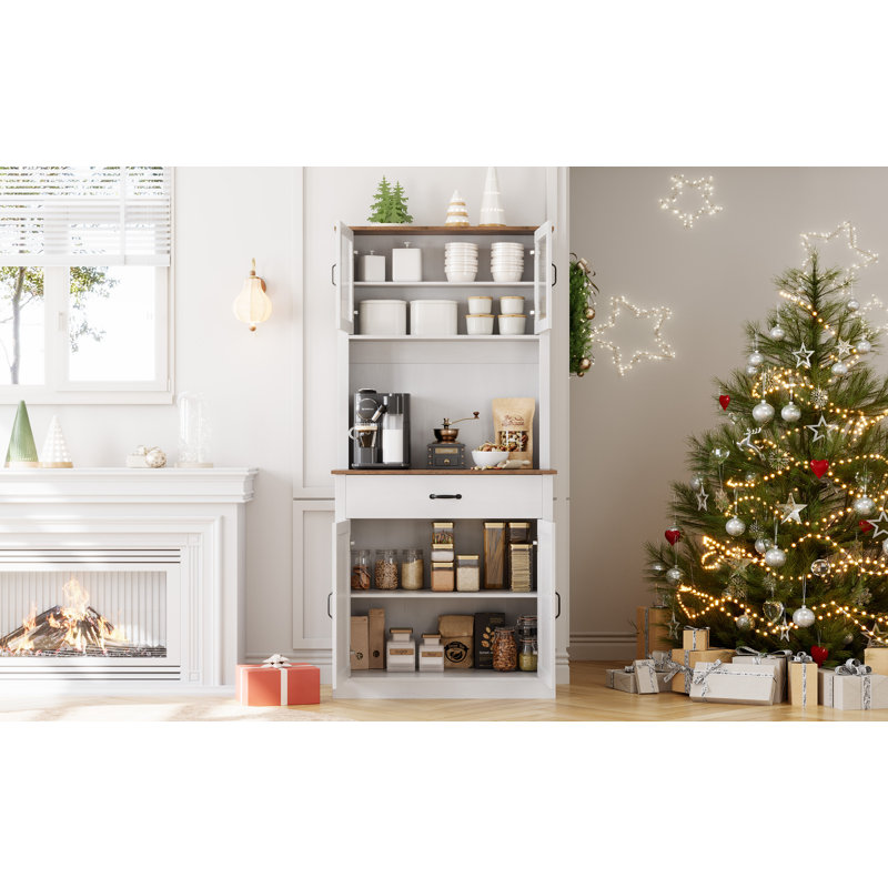 Grand garde-manger avec support pour micro-ondes, huche de buffet autoportante, tablettes réglables, portes, Naturel / Blanc