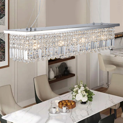 Modern Crystal Chandelier For Dining Room 8-Light White Rectangle Raindrop Chandelier Contemporary Rectangular Pendant Light Fixture For Kitchen Island Bar L39.4'' X W9.8'' X H8.7'(Bulb Not Included)