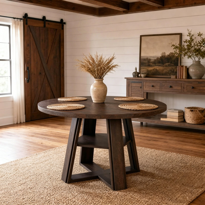 Table de salle à manger ronde pour 2 à 4 personnes économisant l'espace avec un piédestal en bois robuste et une tablette circulaire pour un assemblage facile
