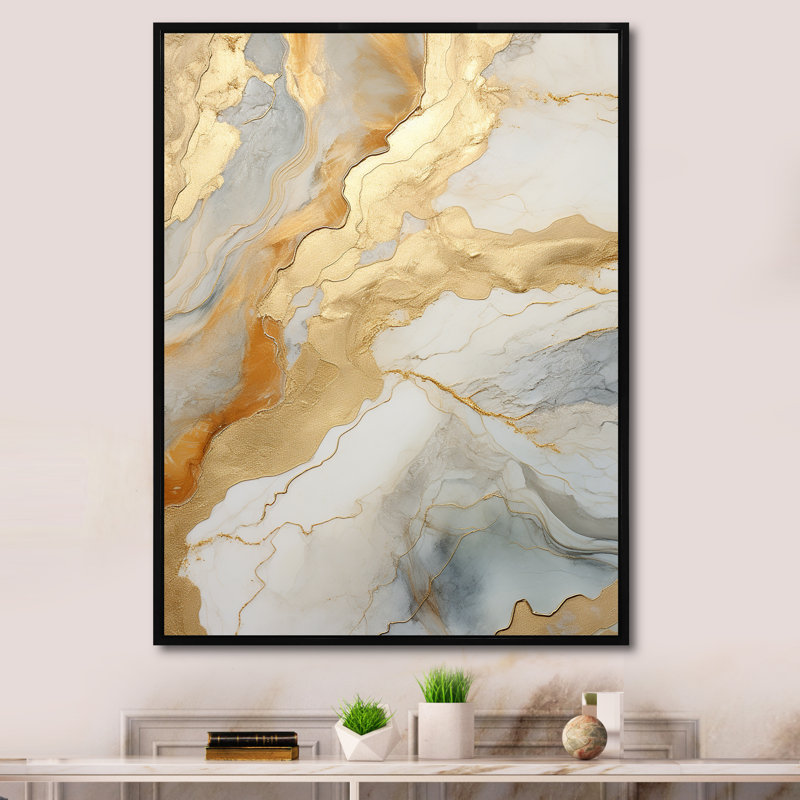 «Beige and Gold Glacier Stone Art», reproduction sur toile, Cadre flottant noir, H 32 po x l 24 po x P 1 po
