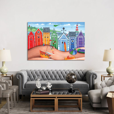 Beach Hut Rainbow Scene by Peter Adderley - Painting on Canvas