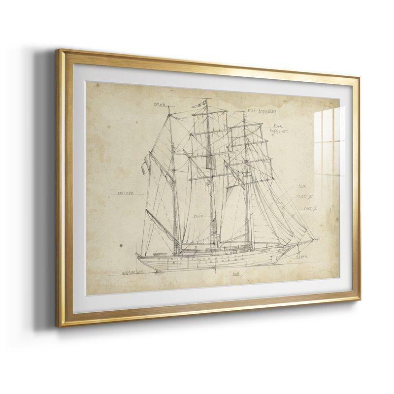 Plan du voilier I - reproduction de cadre photo, L 24,5 po x H 18,5 po, Or