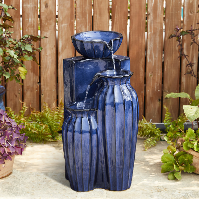 26.75"H 3-Tiered Reactive Glaze Fluted Textured Ceramic Outdoor Floor Fountain With Pump And LED Light (KD), Blue