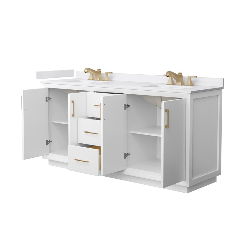 Meuble-lavabo double autoportant avec plateau en marbre Strada, Blanc / bronze satiné, L 60 po, Marbre de culture de Carrare