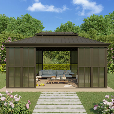 14' × 12' Sunroom Patio Hardtop Gazebo, Double Top Galvanized Steel Roof Aluminum Solarium, All-Season Outdoor Pergola With Sliding Doors & Slideable Pe Screen Window For Garden, Deck, Backyard
