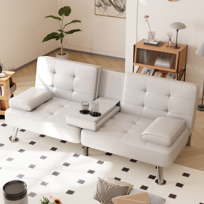 Futon Sofa Bed Convertible Folding Faux Leather Couch with 2 Cup Holders, White