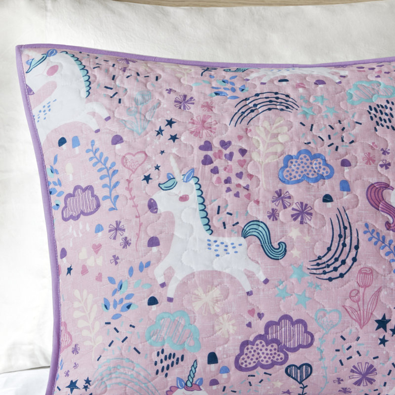 Lola Unicorn Reversible Cotton Quilt Set with Throw Pillows, Twin / Twin XL Quilt + 1 Sham + 2 Throw Pillows, Pink