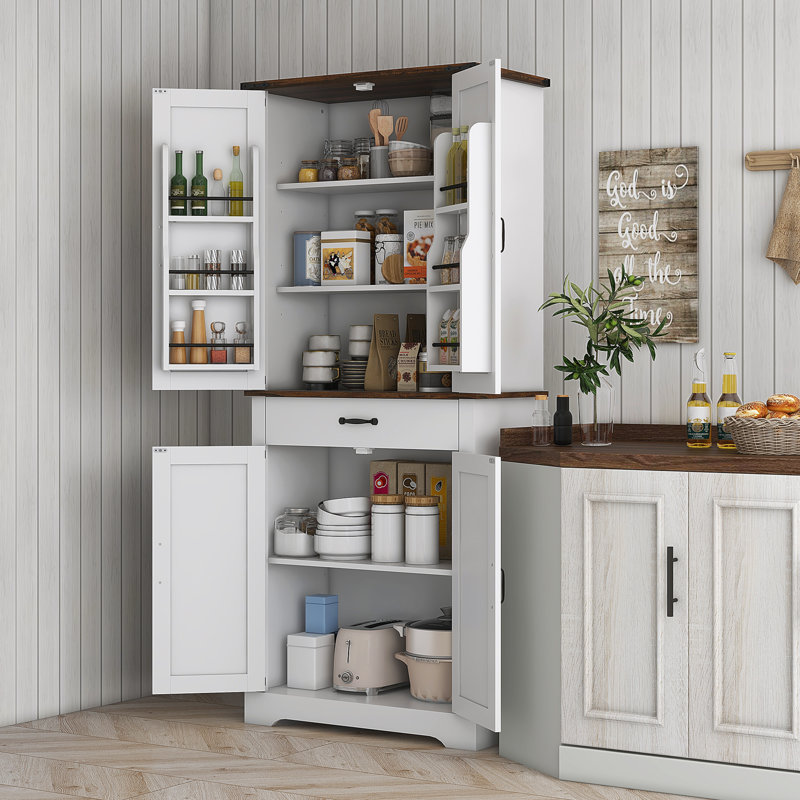 Armoire de cuisine de 71 po de hauteur, armoire de rangement de ferme avec 4 portes de grange, 6 tablettes derrière 2 portes, un tiroir et des tablettes réglables, armoire de salle à manger autoportante, bois