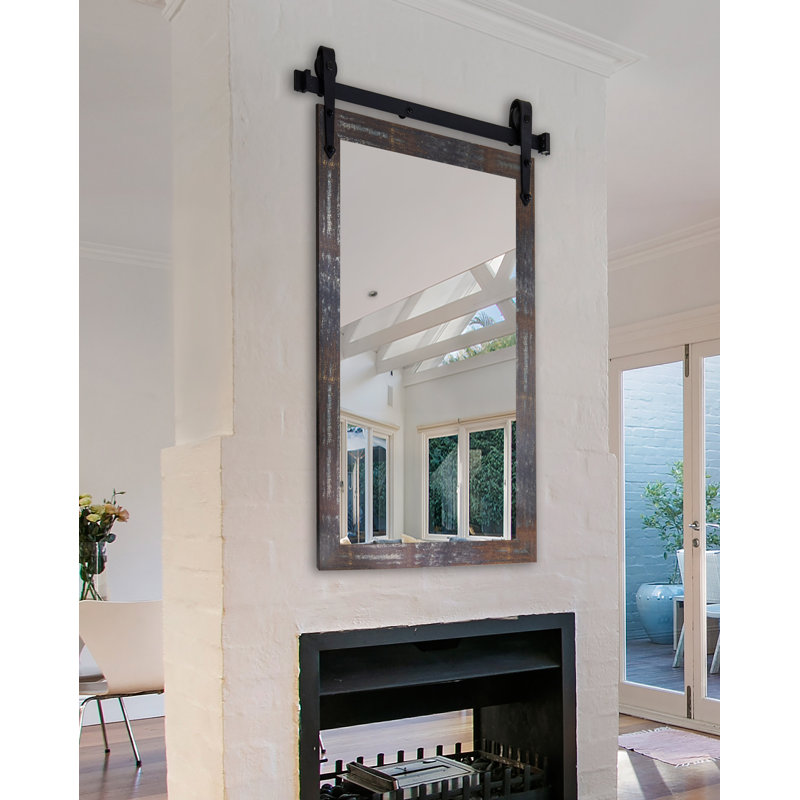 Neace Wood Flat Wall Mirror, 57.5" x 30.5", Industrial Steel Brass