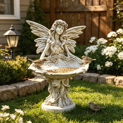 Statue de fée de jardin de 12,80 po de hauteur en résine avec plateau à feuilles larges, figurine d'ange à double usage comme mangeoire d'oiseaux et plateau décoratif pour la décoration intérieure et extérieure