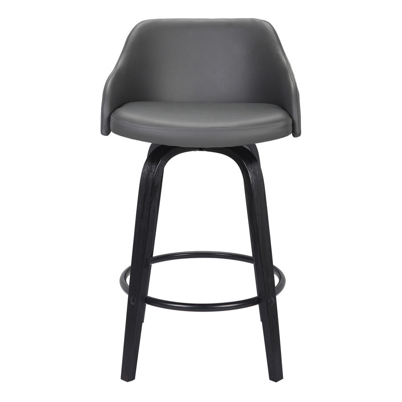 Aiken Swivel Counter or Bar Height Bar Stool with Arms in Faux Leather, Plywood and Metal Footrest, Grey Faux Leather, Black