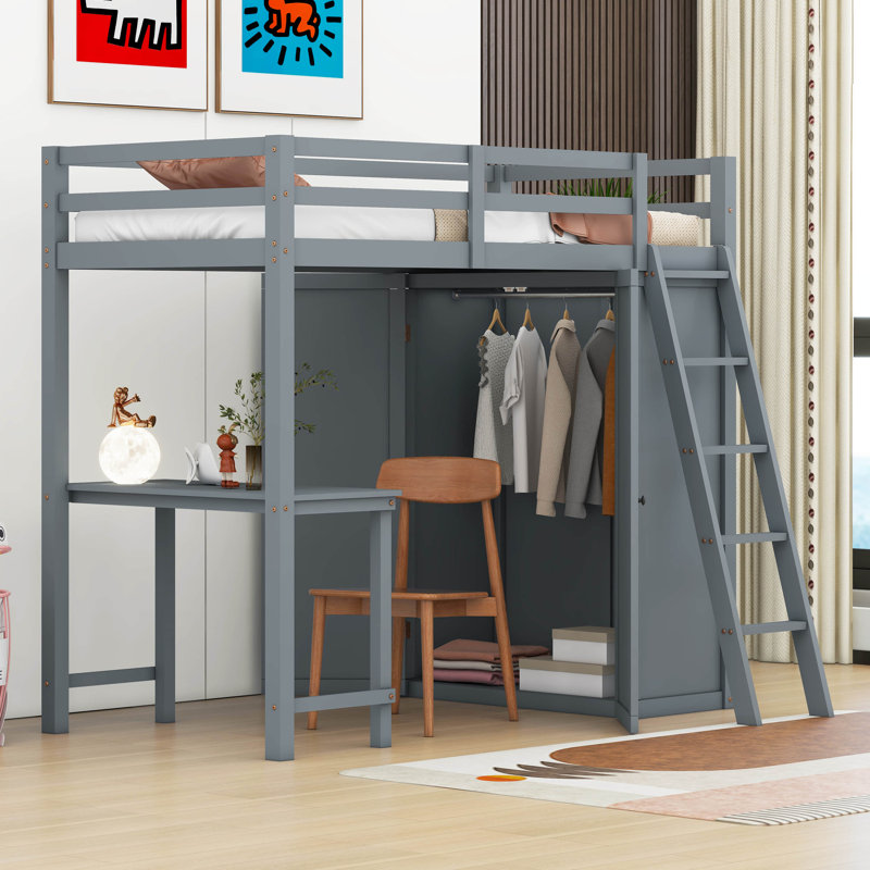 Lit mezzanine avec penderie et bureau Hayah, gris, Simple