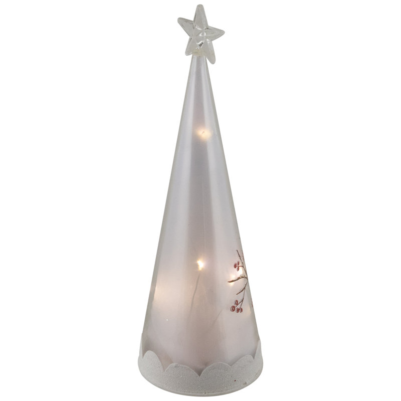 LED Lighted Cardinal And Snowflake Frosted Glass Christmas Cone Tree Decoration - 9.5"