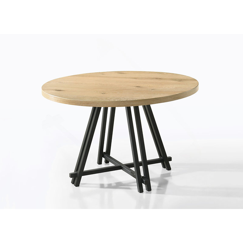 Ensemble de table de salle à manger ronde avec chaises rembourrées, finition chêne et charge USB intégrée pour les maisons modernes.