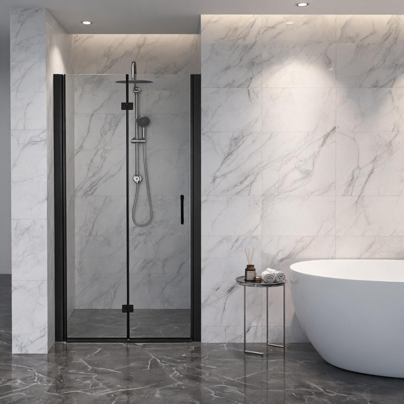 28 inch x 72 inch Matte Black Aluminum Frame Bifold Shower Door with Tempered Glass and Explosion Proof Film