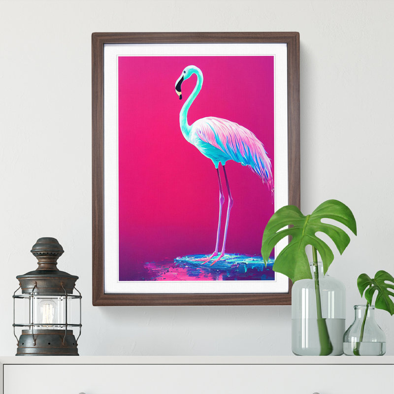 Neon Flamingo - Wall Art, 64cm H x 46cm W x 2cm D, Walnut