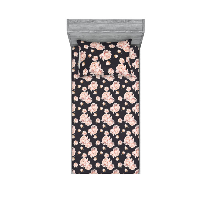 Ambesonne Fitted Sheet & Shams, Twin Sheet Set with 1 Pillowcase, Dark Purple/Mauve/Blush Flower