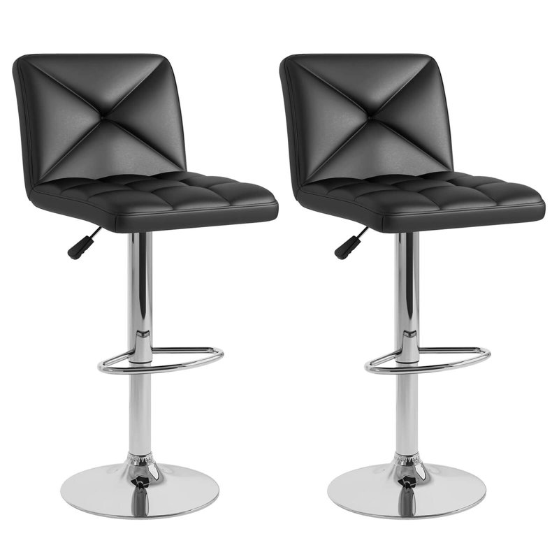 Modern Bar Stools Set Of 2 Pu Leather Upholstered Swivel Counter Stools With Back, Black