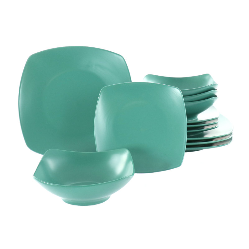 Ensemble 12 pièces de vaisselle carrée en céramique fine bleu arctique mat, Vert