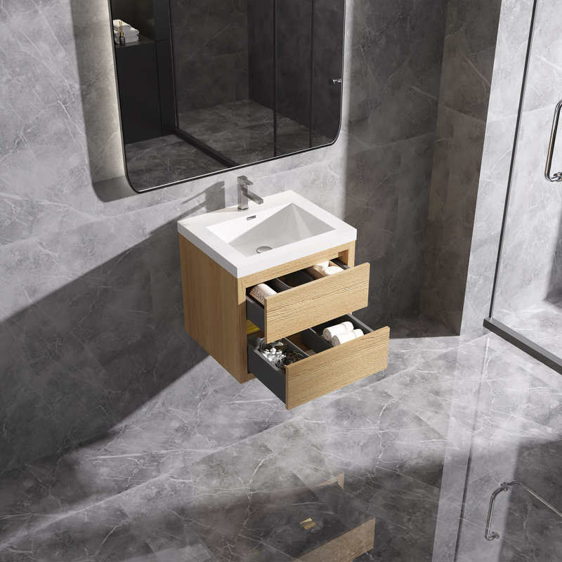 Wall-Mounted Floating Bath Vanity with Single Solid Surface Sink Top in White, Brown, 24"