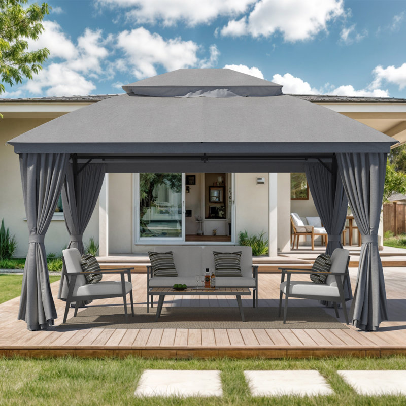 Vita 13 Ft. W x 10 Ft. D Steel Patio Gazebo with Soft Top Double Roof and Curtains, Gray