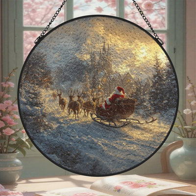 Père Noël traîneau renne enneigé paysage vitrail panneaux Suncatcher pour décoration de fenêtre